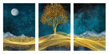 3d modern canvas art mural wallpaper landscape moon, golden christmas trees, colorful mountains 