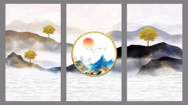3D resimli duvar bezi dekorasyonu duvar kağıdı. Altın, siyah ve gri dağlar ve açık arkaplanda ağaçlar. Gün batımı ve beyaz bulutlar. duvar evi dekorasyonu