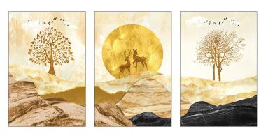 Altın geyik, noel ağacı, altın ve siyah dağlar, geyikli güneş. Duvarlardaki bez çerçeve. 3D modern sanat duvar kağıdı kahverengi ağaçlar ve mermer zemin .