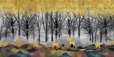 Orman geçmişi. Altın geyik, Noel ağacı, dağlar. Duvarlarda çerçeve posteri olarak kullanmak için. 3D Modern Sanat Duvar kağıdı Gri Ormanı, 