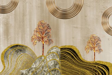 Açık arkaplanı olan sanat duvar kağıdı, altın dağlar, altın çizgiler, daireler ve ay. 3D Illustration manzara duvarı poster ev dekorasyonu