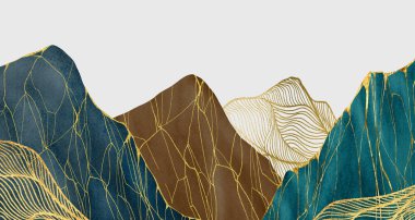 Renkli manzara, basit gri arkaplanda altın dalgalı resimler olan dağlar. 3d illüstrasyon duvar kağıdı. 