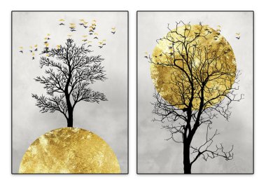 Modern tuval resim duvar kâğıdı, siyah ağaçlar ve açık arkaplan. Altın güneş, Noel ağacı, altın dağ. Duvar iskeleti çizimi için 3d illüstrasyon