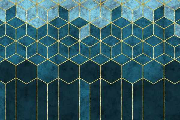 Modern abstract wall decor wallpaper. 3d illustration, golden lines, and dark navy blue and black cubes shapes. living room and bedroom decoration