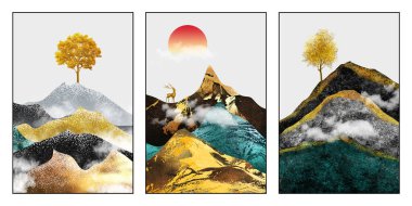 Üç parça duvar çerçeve tuvali. Altın sarısı turkuaz mavi ve kahverengi renkli dağlar, ve bulutlu kırmızı güneş, geyik ve ağaçlarla 3 boyutlu arka plan