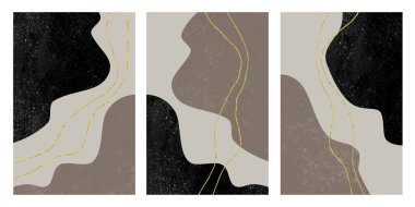 Modern minimalizm boho resim tuvali. Üç parça duvar posteri. Yatak odası dekorasyon tasarımı. altın ve siyah ve kahverengi şekiller