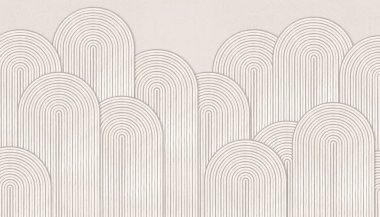  İç yatak odasının ev dekorasyonu. 3D modern minimalist duvar kağıdı. Halı geometrik desenli sanatsal arka plan duvarı. Gri çizgiler ve açık mermer zemin üzerinde siyah daireler.