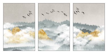 Üç parça Çin duvar resimlerini boyuyor. 3D sanat duvar kağıdı manzarası, açık arkaplan, renkli altın dağlar, ay ve bulutlar. Tablo sanatı