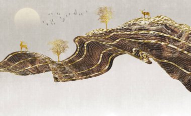 3D resimli manzara duvar kağıdı. Dağlar, ağaç, kuşlar, altın geyik ve açık bej arka planda bulutlar. Duvar yatak odası dekorasyonu