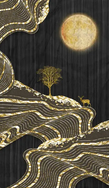 Dikey gece duvar tuvali sanatı. Altın dalgalı dağlar, altın ay, ağaç ve siyah arka planda geyik. modern boya ev dekorasyonu 