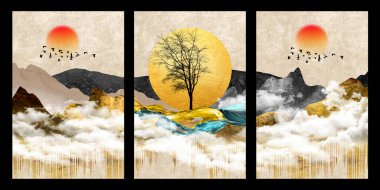 Açık bej arkaplan, siyah noel ağacı yaprakları, renkli dağlar, bulutlar, ay, gökyüzünde güneş. Duvarlardaki bez çerçeve .