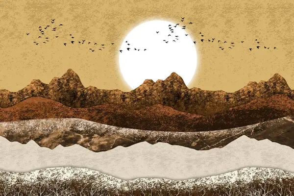 Üç boyutlu duvar çerçeve sanatı. altın bej ve kahverengi renkli dağlar, ve altın güneş 3D manzara altın arka plan