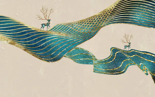 Duvar yatak odası dekorasyonu. 3D resimli manzara duvar kağıdı. Dağlar, ağaç, kuşlar, altın geyikler ve açık bej arka planda altın rengi ışık ve turkuaz rengi bulutlar.. 