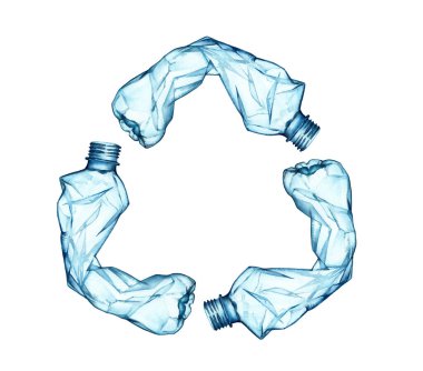 Suluboya Geri Dönüşüm tabelası. Yuvarlak kompozisyon ve plastik şişeler. Arka planı yeniden kullan. Ekoloji posterleri için zararlı atıkları geri dönüştür, çevre koruması, okyanusu kurtar, Dünya günü afişleri.