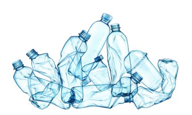 Suluboya plastik yığını. Plastik bardaklar, şeffaf şişe düzenleme ekoloji posterleri, çevre koruma, okyanusu kurtarma, Dünya günü posterleri, ağ. Yüksek kalite fotoğraf