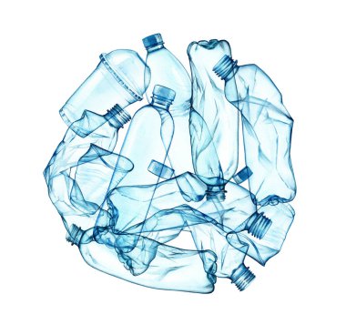 Suluboya plastik. Yuvarlak kompozisyon plastik bardaklar, şişeler. Plastik kirliliği. Ekoloji posterleri için zararlı atıkları geri dönüştür, çevre koruması, okyanusu kurtar, Dünya günü afişleri.