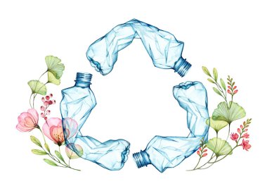 Suluboya Geri Dönüşüm tabelası. Yuvarlak kompozisyon plastik şişeler ve çiçeklerle. Arka planı yeniden kullan. Ekoloji posterleri için zararlı atıkları geri dönüştür, çevre koruması, okyanusu kurtar, Dünya günü afişleri.