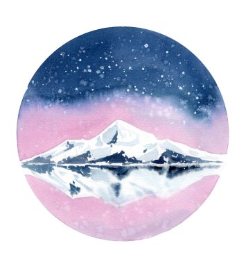 Suluboya kış manzarası. Kar dağı ve gece gökyüzü. Beyaz arka planda etkileyici suluboya çizimi. Noel kartı. Çember çerçevesinde elle çizilmiş gerçekçi çizimler. Yüksek kaliteli illüstrasyon