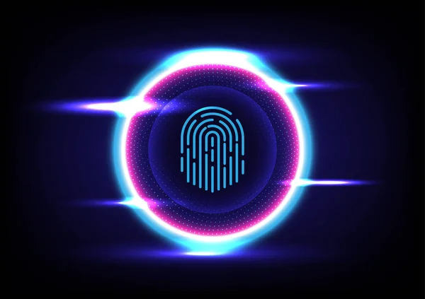 打印电路中的指纹识别系统安全概念技术背景为蓝色紫色的带有指纹的安全系统概念 — 图库矢量图片