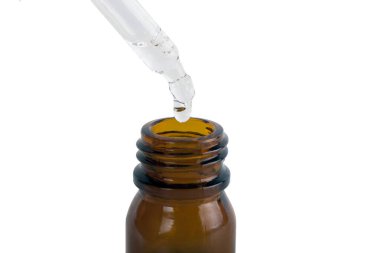 Brown medicine glass bottle with dropper isolated on white background