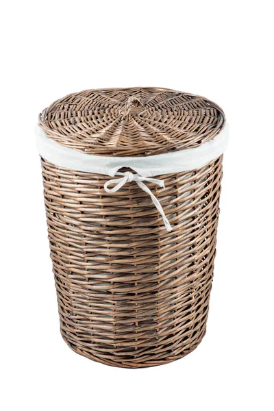 Wicker Laundry Basket Whith Closed Lid Isolated White Background — Stock Photo, Image