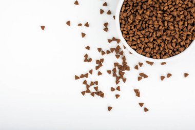 Beyaz arka planda izole edilmiş bir kasede kurutulmuş hayvan yiyeceği.