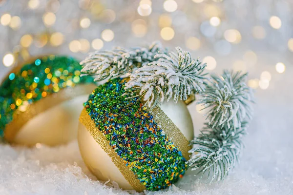 Festive Christmas Balls Colored Sparkles White Snow Pine Branches Beautiful — Stock Photo, Image
