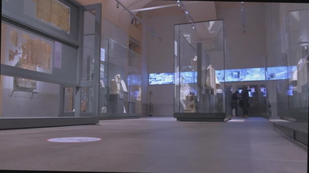 Egyptian Museum Turin Italy February 2021 Visitor Observes Canopic Cases — Stok video