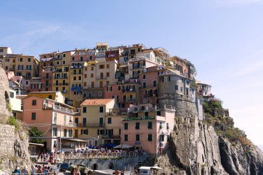 Manarola, Italy - 5 sept 2022: Panoramic view of the bay in the Five lands national park. High quality photo