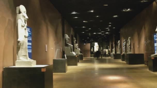 意大利都灵埃及博物馆 2021年2月 游客们在著名的王宫里欣赏雕像的平底锅 — 图库视频影像