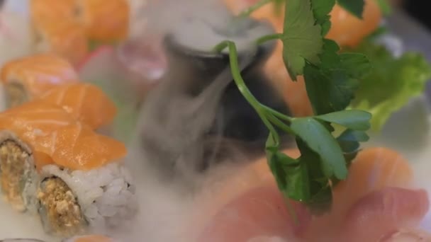 Comida Tradicional Japonesa Primer Plano Rollos Sushi Recién Cocinados Variados — Vídeo de stock