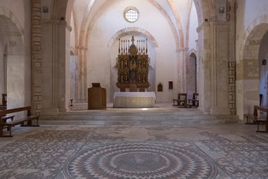 ISOLE TREMITI, İtalya - 11 Haziran 2022: Santa Maria 'da San Nicola adasında bir Mare manastırı. 11. ve 12. yüzyılın mozaik zemini, 15. yüzyılın oyulmuş ve yaldızlı ahşap Venedik sunağı..