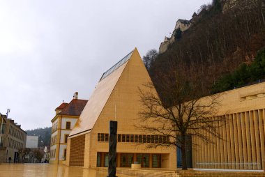 Vaduz, Liechtenstein - 2 Ocak 2023: Parlamentonun ön cephesi. Yüksek kalite fotoğraf