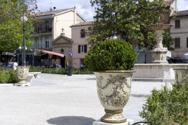 Urbania, Italy - 25 April 2023: A ceramic from Casteldurante decorating the square. High quality photo clipart