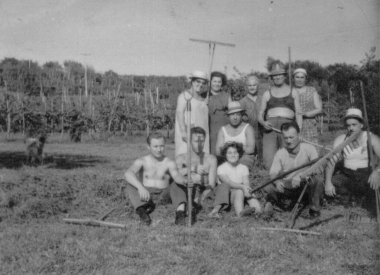 1960 'ların fotoğraf köylüsü: Kuzey İtalya, tüm kasaba halkı tarafından yapılan saman hasadı. Yüksek kalite fotoğraf