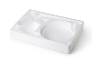 Boş stiroköpük kutusu beyaz arkaplanda izole edildi.