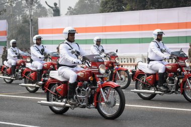 Kolkata Police Sergeant on motorcycle preparing for taking part in the upcoming Indian Republic Day parade at Indira Gandhi Sarani, Kolkata, West Bengal, India on January 2023