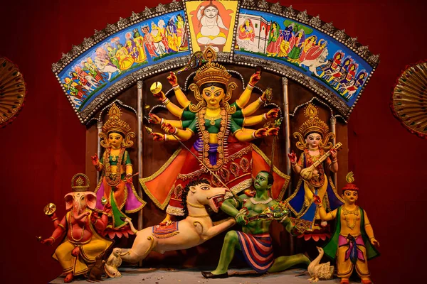 Kolkata Batı Bengal Hindistan Puja Pandalında Süslenmiş Tanrıça Devi Durga Stok Resim