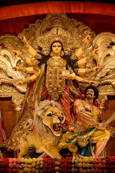 stock image Goddess devi Durga idol decorated at a puja pandal in Kolkata, West Bengal, India. Durga Puja is one of the biggest religious festivals of Hinduism and is now celebrated worldwide.