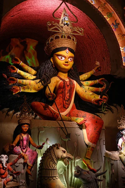 Gudinnan Devi Durga Idol Dekorerad Puja Pandal Kolkata Västbengalen Indien — Stockfoto