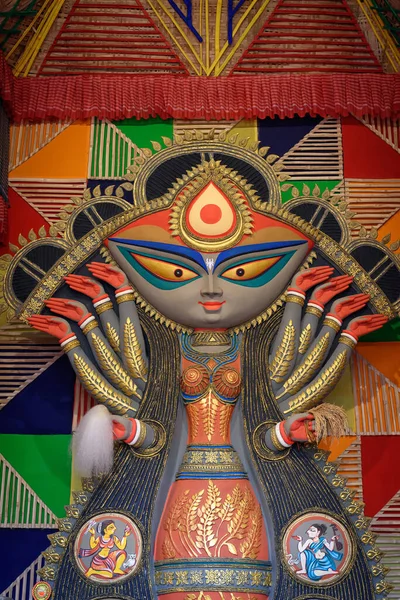 Ídolo Deusa Devi Durga Decorado Uma Pandal Puja Kolkata Bengala — Fotografia de Stock