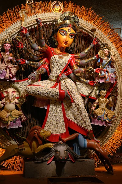 Ídolo Deusa Devi Durga Decorado Uma Pandal Puja Kolkata Bengala — Fotografia de Stock