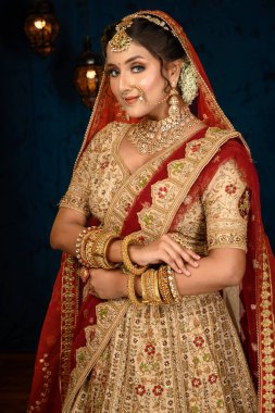 Çekici Hintli gelin, stüdyo ışıklarında ağır altın mücevherler ve peçeli geleneksel gelinlik giyerek kibarca gülümsüyor. Düğün modası ve yaşam tarzı.