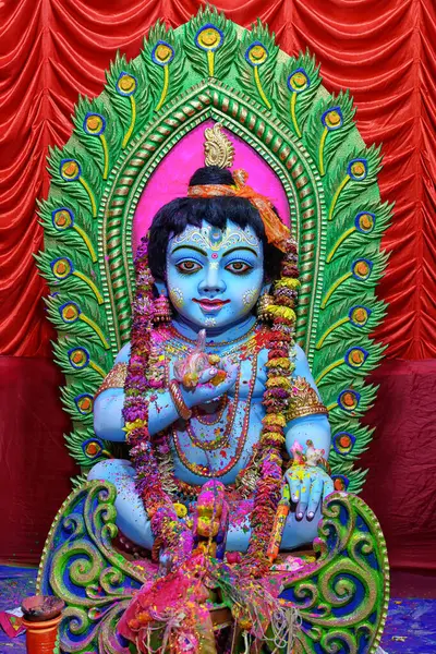 26 Mart 2024 'te Hindistan' ın başkenti Kolkata 'da süslü puja pandalında Tanrıça Laddu Gopal veya küçük Lord Krishna' nın putu..