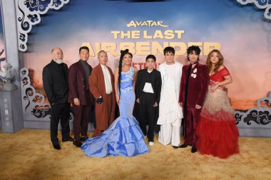 Hollywood, CA USA - February 15, 2024: Paul Sun-Hyung Lee, Daniel Dae Kim, Ken Leung, Kiawentiio Tarbell, Gordon Cormier, Ian Ousley, Dallas Liu, Elizabeth Yu attends the premiere of Netflix's Avatar The Last Airbender. clipart