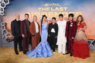 Hollywood, CA USA - February 15, 2024: Paul Sun-Hyung Lee, Daniel Dae Kim, Ken Leung, Kiawentiio Tarbell, Gordon Cormier, Ian Ousley, Dallas Liu, Elizabeth Yu attends the premiere of Netflix's Avatar The Last Airbender. clipart