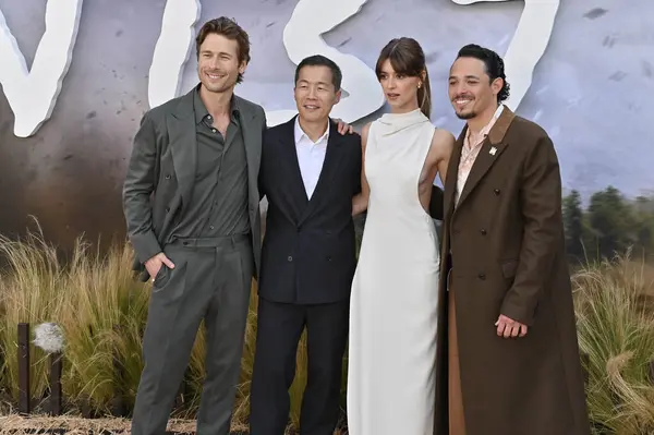 stock image Westwood, CA USA - July 11, 2024: Glen Powell, Lee Isaac Chung, Daisy Edgar-Jones, Anthony Ramos attends the premiere of the movie Twisters.