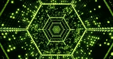 Bu büyüleyici görsel özellikler, parlak yeşil ışıklarla dolu altıgen şekillerden oluşan bir tünel..