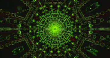 Bu kusursuz döngü videosu, karmaşık geometrik şekiller ve desenlerle dolu dinamik bir yeşil tünel sunuyor. Ekran koruyucuları veya video gösterimleri için büyüleyici bir görsel deneyim sunar.