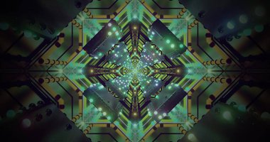 Renkli geometrik şekiller ve desenler büyüleyici bir görsel deneyim yaratır. Sanat eserleri, parlak ışıklarla, yenilik ve yaratıcılık hissini yakalayan karmaşık devre tasarımlarını yansıtıyor..